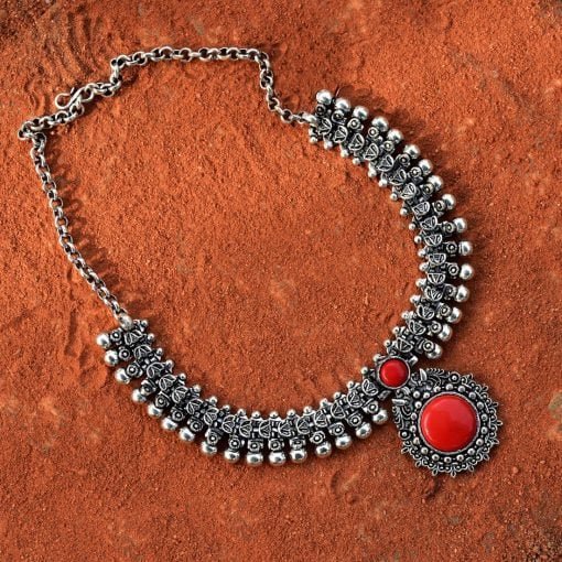 Red Stone Oxidized Necklace