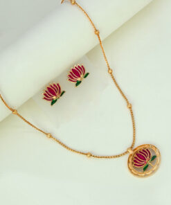 Deep Pink Green Lotus Pendant Set