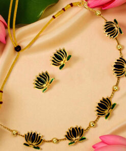 Gold Plated Beads Chain Black Lotus Necklace Set