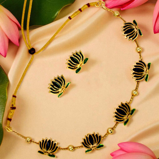Gold Plated Beads Chain Black Lotus Necklace Set