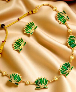 Gold Plated Beads Chain Green Lotus Necklace Set