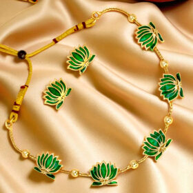 Gold Plated Beads Chain Green Lotus Necklace Set