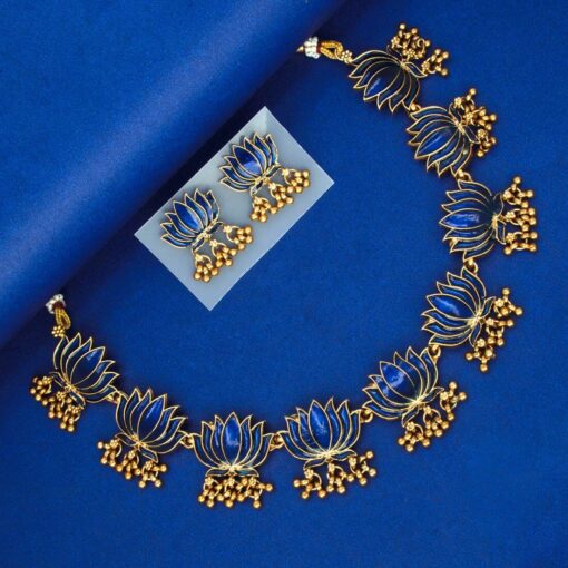 Style Club Blooming Matte Gold Plated Lotus Ghunghroo Necklace Set - Image 3