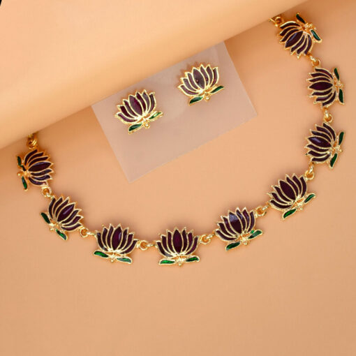 Gold-Plated-Coffee-Brown-Lotus-Link-Design-Necklace-Set