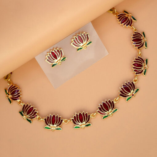 Gold-Plated-Red-Lotus-Link-Design-Necklace-Set