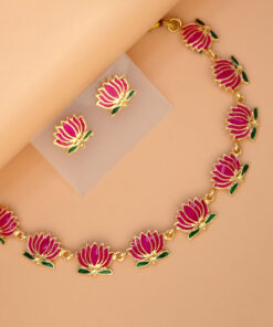 Gold-Plated-Deep-Pink-Green-Lotus-Link-Design-Necklace-Set