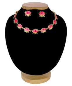 Gold-Plated-Deep-Pink-Green-Lotus-Link-Design-Necklace-Set