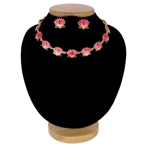 Gold-Plated-Deep-Pink-Green-Lotus-Link-Design-Necklace-Set
