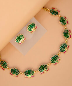 Gold-Plated-Green-Lotus-Link-Design-Necklace-Set