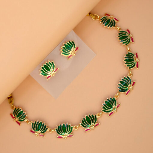 Gold-Plated-Green-Lotus-Link-Design-Necklace-Set