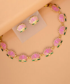 Gold-Plated-Pink-Lotus-Link-Design-Necklace-Set