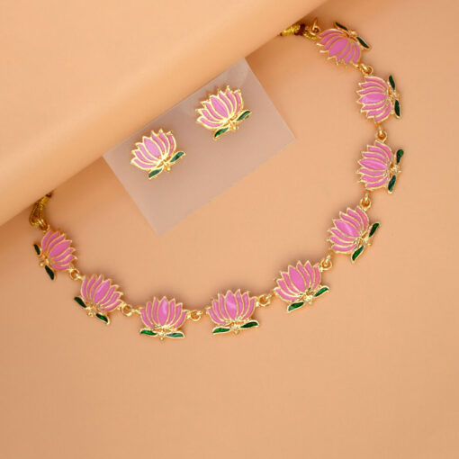 Gold-Plated-Pink-Lotus-Link-Design-Necklace-Set