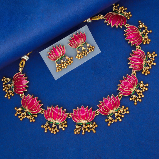Style Club Blooming Matte Gold Plated Lotus Ghunghroo Necklace Set - Image 4